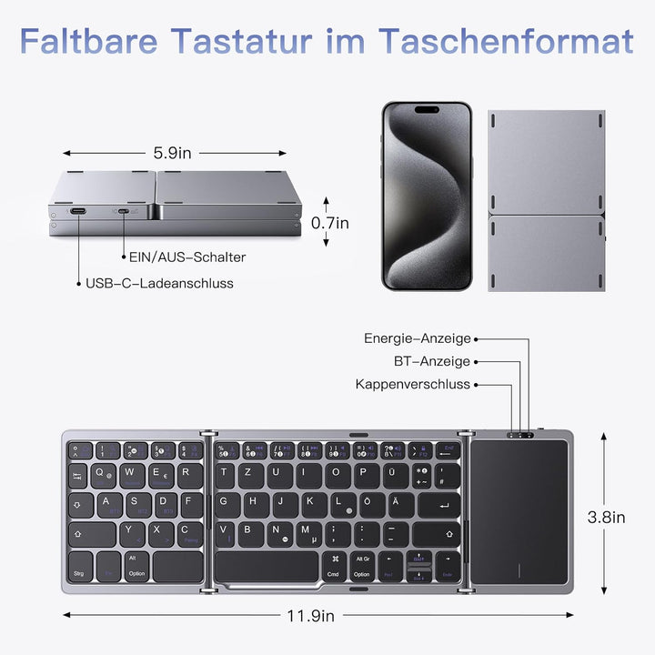 OMOTON Bluetooth-Faltbare-Tastatur, Kabellose Wiederaufladbare Klapptastatur mit Touchpad,3 Bluetoot