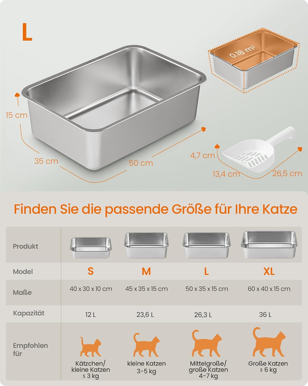 Feandrea Katzenklo Edelstahl, Katzentoilette offen, mit Schaufel, antihaftbeschichtet, geruchsfrei,