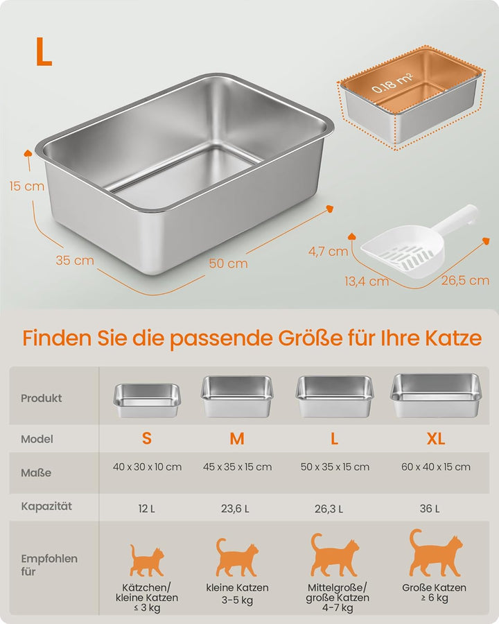 Feandrea Katzenklo Edelstahl, Katzentoilette offen, mit Schaufel, antihaftbeschichtet, geruchsfrei,
