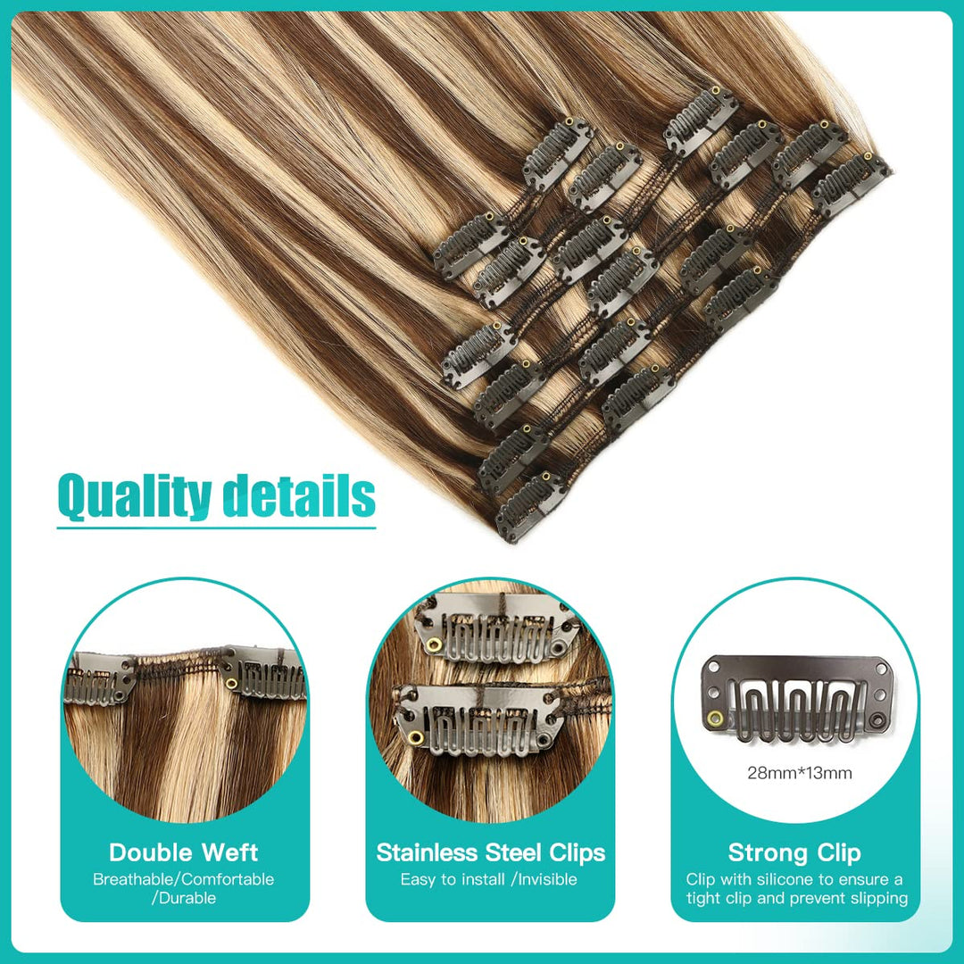 SURNEL Clip in menschlichen Haarverlängerungen Shedding frei Tangle frei Farbe Medium braun hervorge
