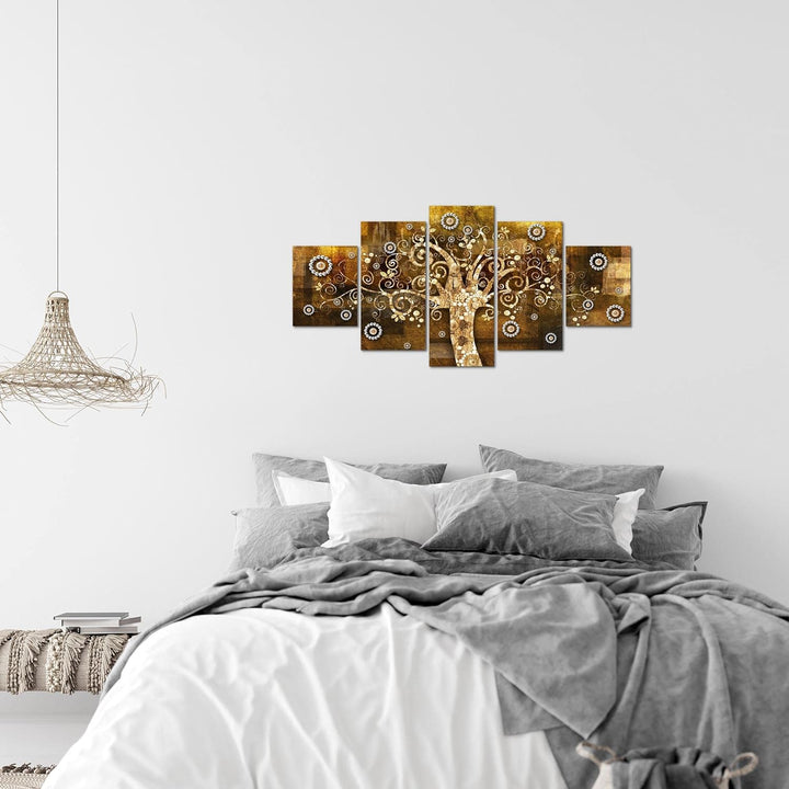 Runa Art Wandbilder Gustav Klimt Baum des Lebens 5 Teilig Bild auf Vlies Leinwand Deko Wohnzimmer Sc