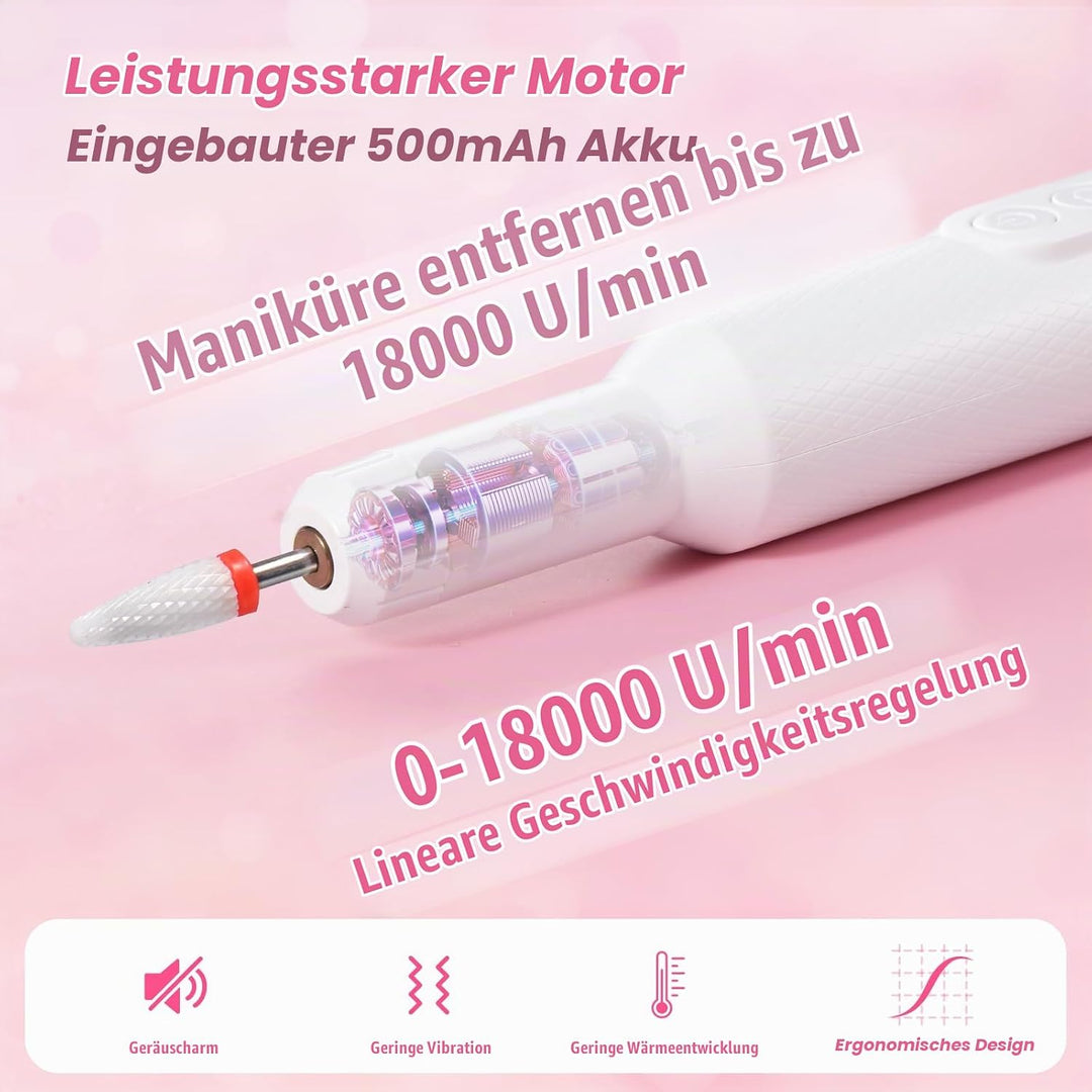 Brencco Professionelle Kabellose Nagelfräser,12 in 1 Fräser für Gelnägel 18000 u/min,8 Bohrköpfe Hal