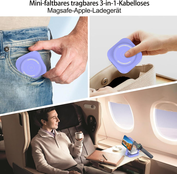 3 in 1 induktive Ladestation für Apple-Geräte, Faltbarer 3 in 1 kabelloses Ladegerät für Magsafe für