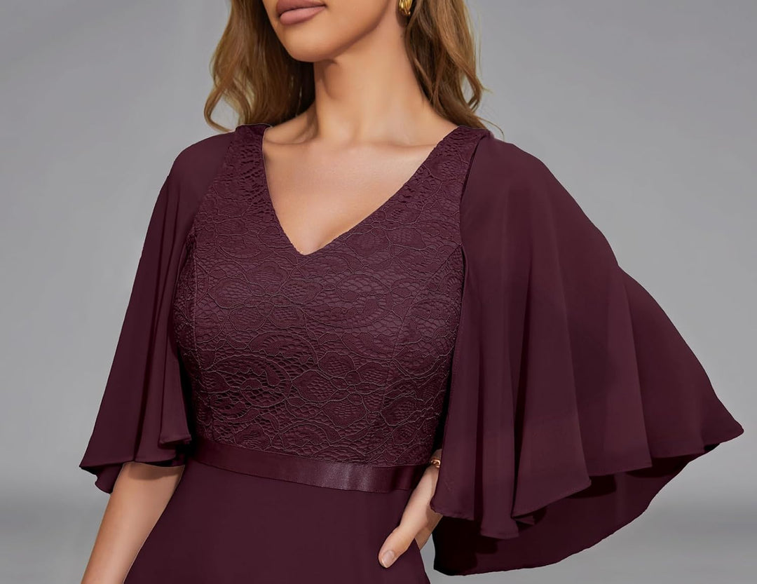 DRESSTELLS Abendkleid Damen Festlich Spitzenkleid für Hochzeit Chiffon Cape Ärmel Ballkleid Elegant