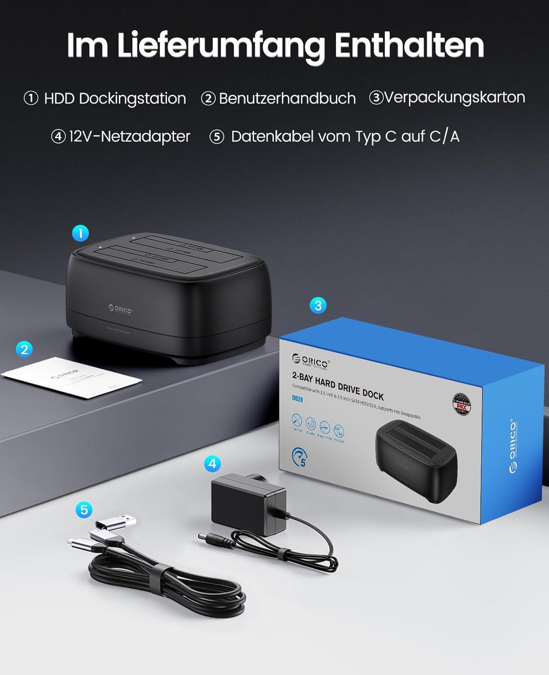 ORICO Dualschacht Festplatten Docking Station USB 3.2 Gen 1 Festplattengehäuse für alle Standard 2.5