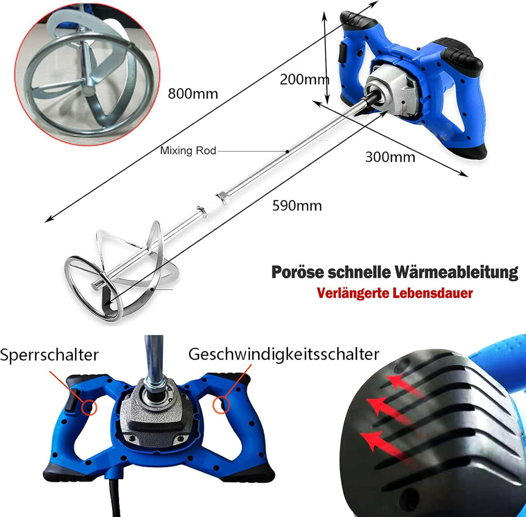 Rührwerk Farb-Mörtelrührer 2600 W, M14 Rühreraufn, 6-Gang-Getriebe, Rührquirl Ø 120mm, Aluminium-Get