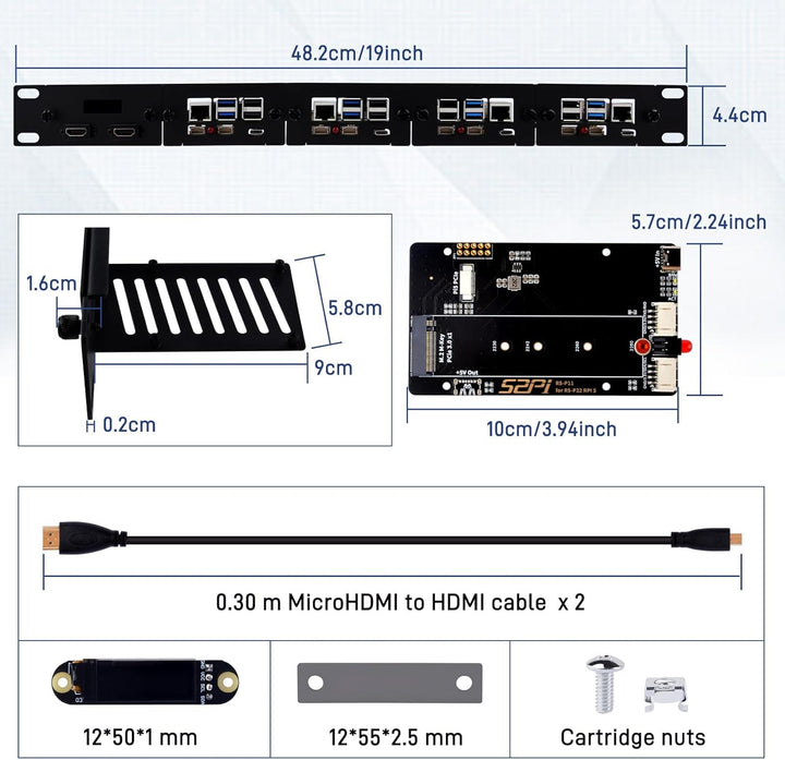GeeekPi 19 Zoll 1U Rack-Halterung für Raspberry Pi 5, mit 4PCS PCIe auf M.2 NVMe SSD Adaptern, hält