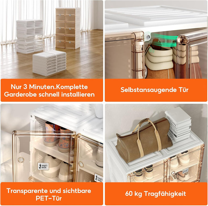 Transparente schuhregal,schuhboxen stapelbar Braun, mit magnetischer Tür, für Stöckelschuhe, Stiefel