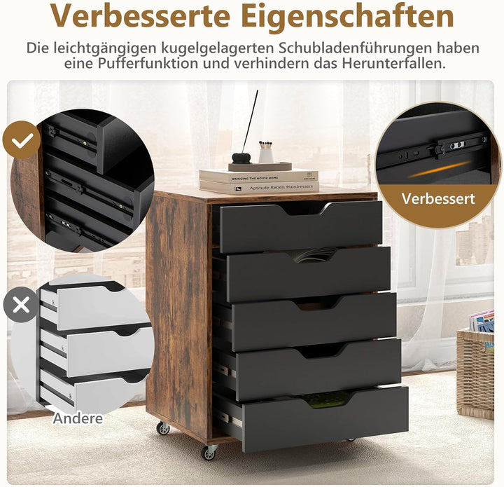 FANTASK Schubladenschrank mit 5 Schubladen, mobiler Aktenschrank mit Rädern, Rollen Schrank für Zuha
