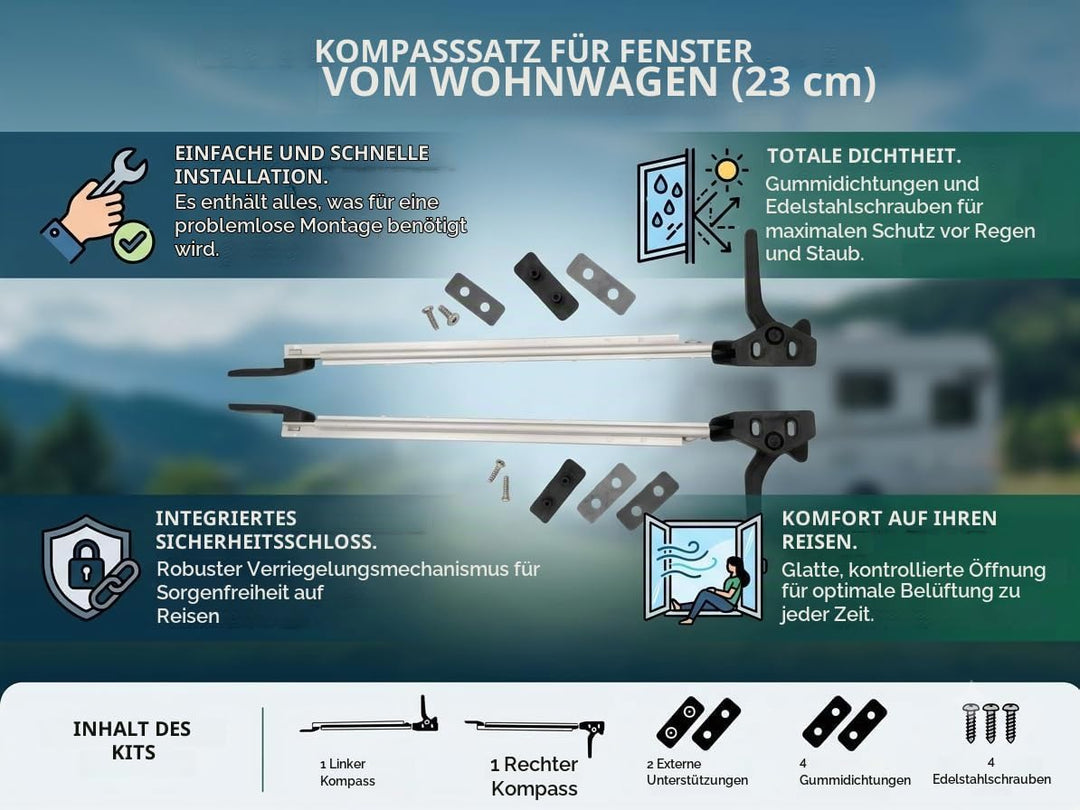 CR-MOESANCO® Kompass-Set rechts + Links für Wohnwagen 23 cm, Arm für Wohnmobil-Fensterrückhaltestütz