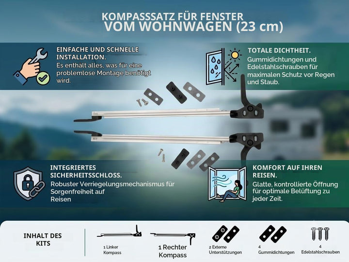 CR-MOESANCO® Kompass-Set rechts + Links für Wohnwagen 23 cm, Arm für Wohnmobil-Fensterrückhaltestütz