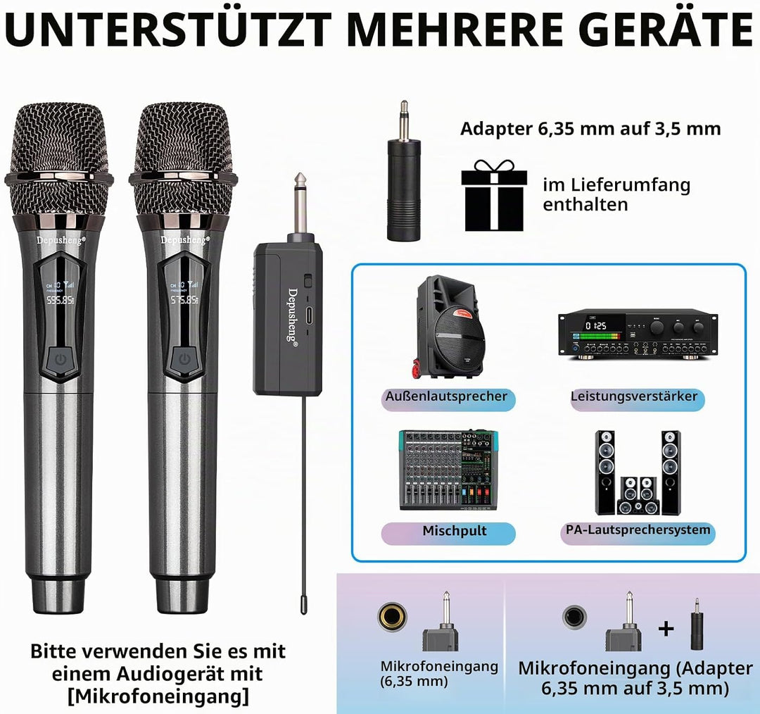 Depusheng Drahtlose Mikrofone, Dual-Karaoke-Mikrofonsystem, Microfonos Inalambricos mit wiederauflad