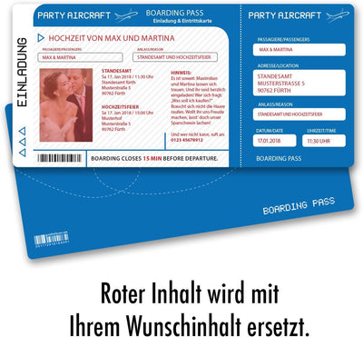 (30 x) Hochzeitseinladungskarten Flugticket Boarding Pass blau Einladungskarten Hochzeit, 30
