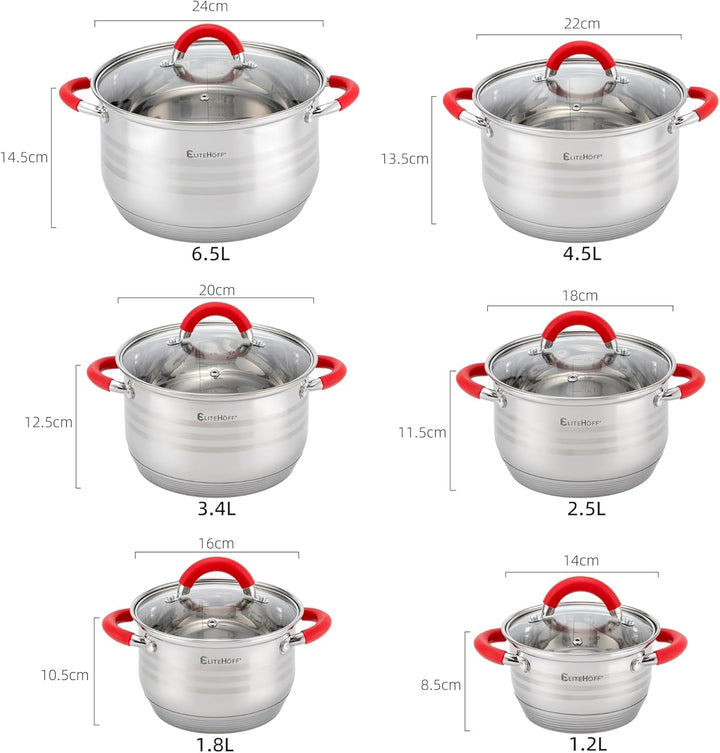 EliteHoff Topfset Induktion 12-teilig, Kochtopf Set mit Glasdeckeln und Silikongriffen, 7-lagiger Ed