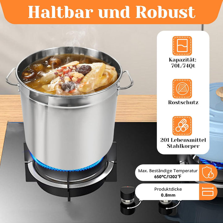 70L Kochtopf, 45cm Topf Gross Edelstahl Suppentopf mit Versenkbarer Deckel und Griffe, Kochtöpfe Hoc