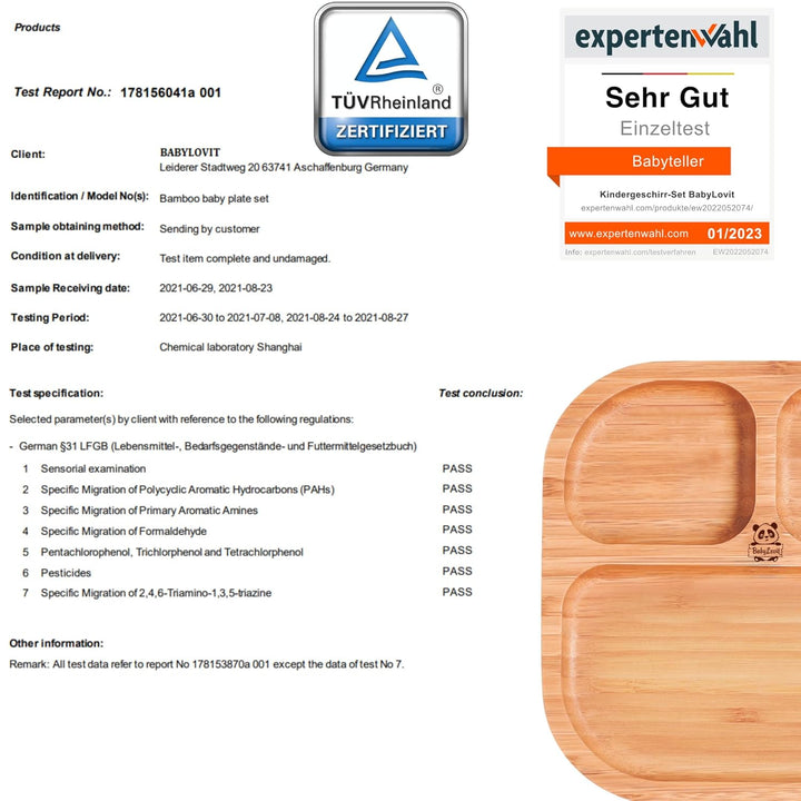 Babylovit Bambus Kinderteller | TÜV Geprüfter Baby Teller mit Saugnapf &amp; Esslernbesteck | BLW Beikos
