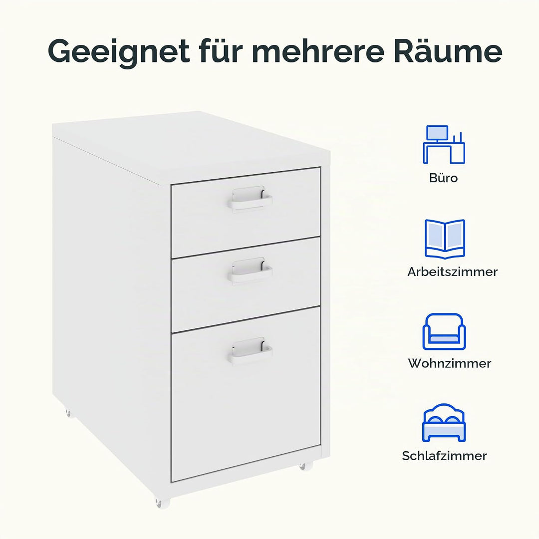 FLEXISPOT Rollcontainer Büroschrank mit 3 Schubladen, Aktenschrank Metallschrank Kommode mit Rädern,