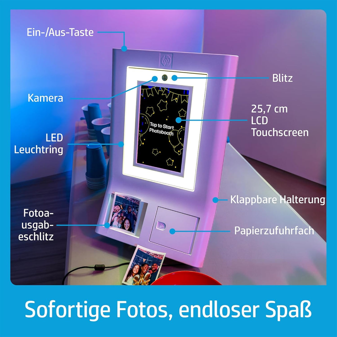 HP Sprocket Fotoautomat mit Sofortbilddrucker – 25,7cm Touchscreen, LED-Ringlicht – über 250 Rahmen