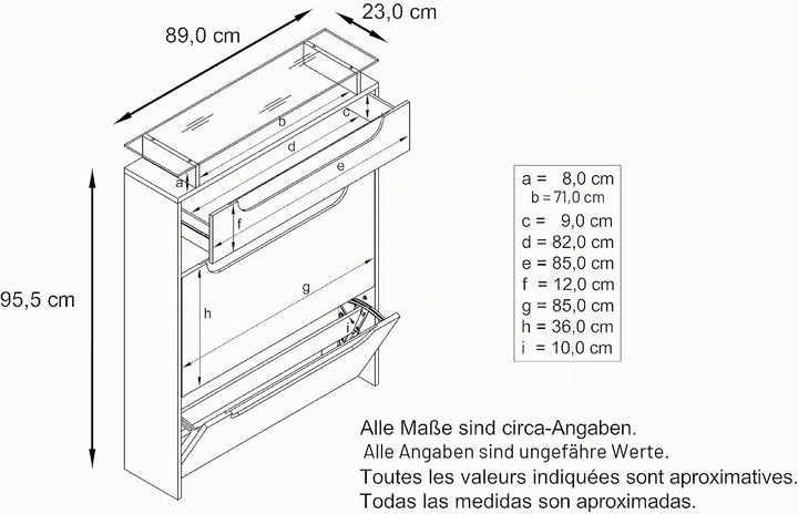 Vladon Schuhschrank Annie, Schuhkipper für 16 Paar Schuhe mit 2 Klappen, 1 Schublade und Glasablage,