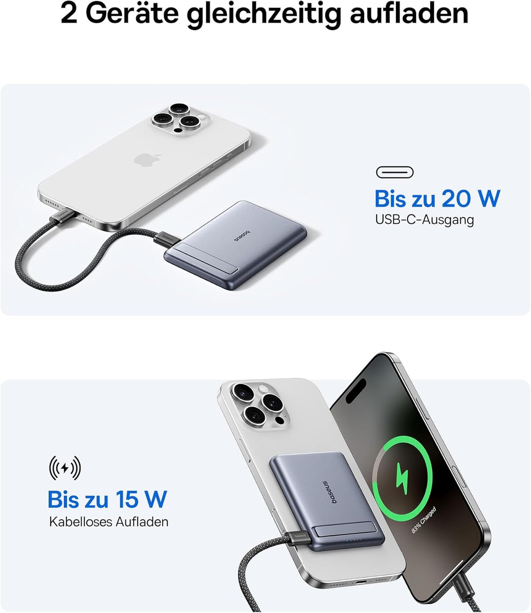 Baseus Mini MagSafe Powerbank 5000mAh Qi2-zertifiziertes mit Klappbarer Ständer, PD 20W Magnetische