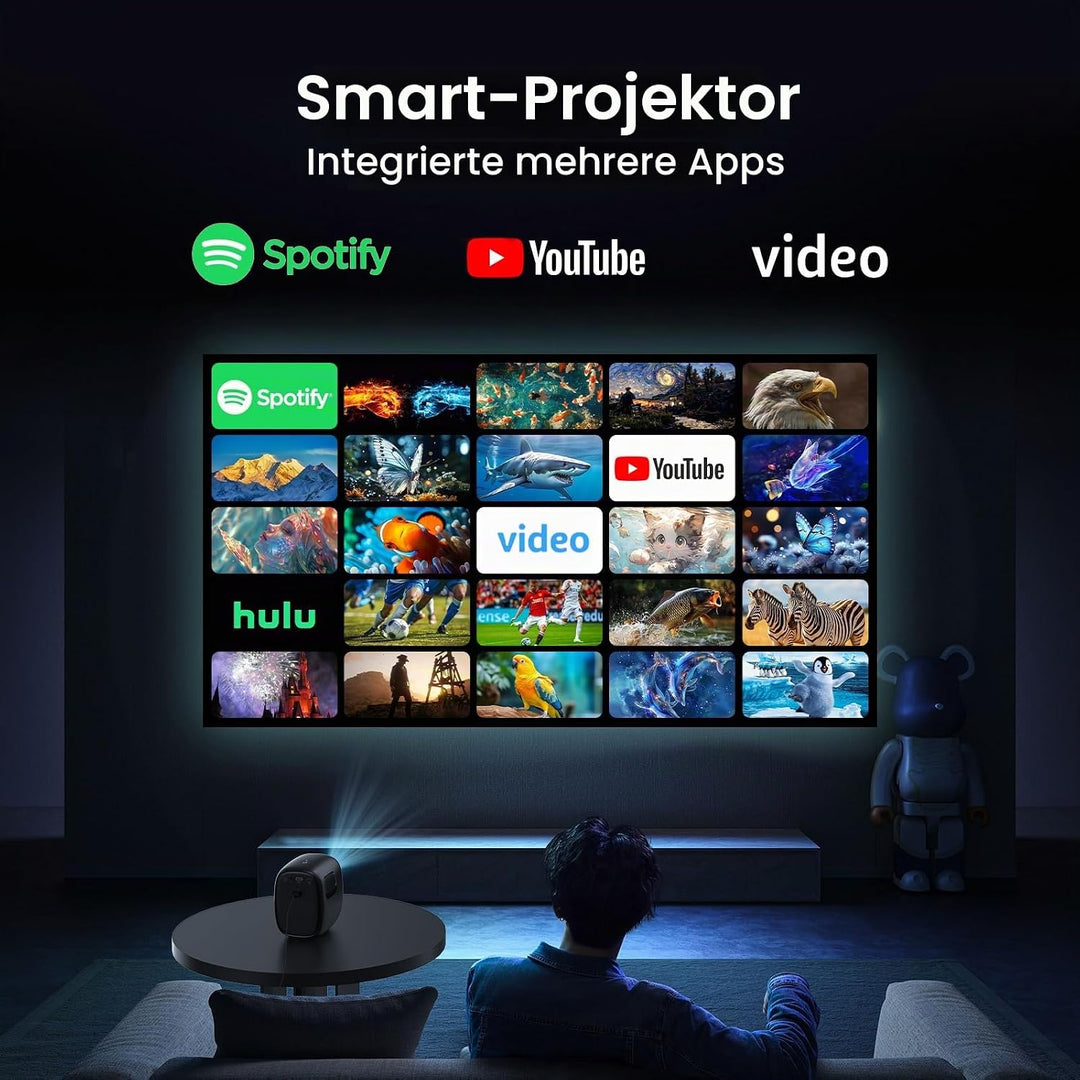 Smart Mini Beamer,1080p mit Beamer 4K, automatische trapezförmige Kompensation, mit WiFi 6 und Bluet