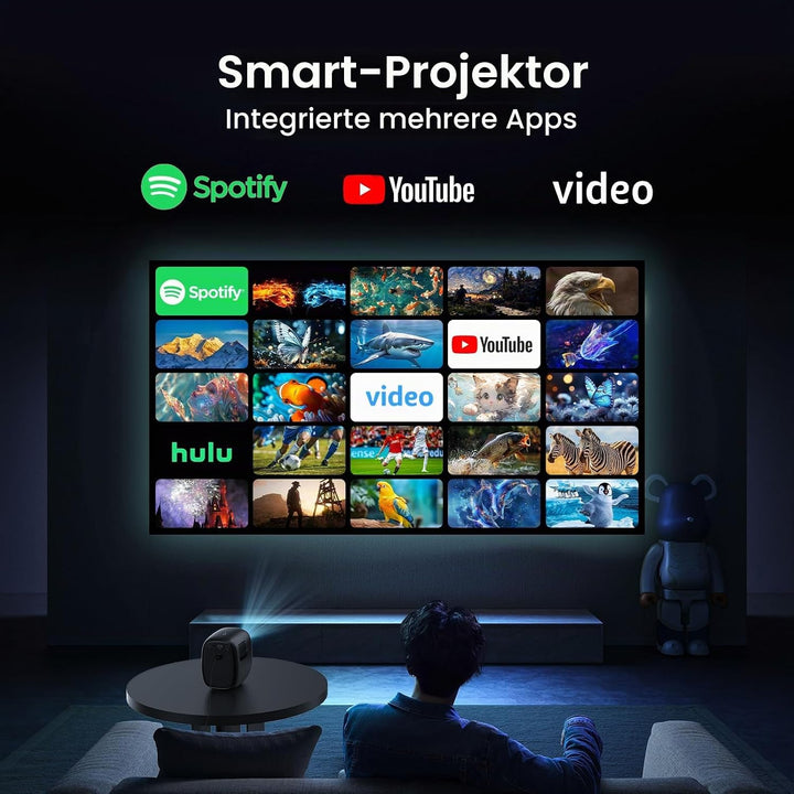 Smart Mini Beamer,1080p mit Beamer 4K, automatische trapezförmige Kompensation, mit WiFi 6 und Bluet