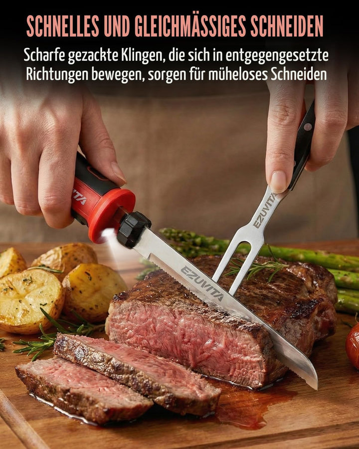 8V Elektromesser, Kabelloses Küchenmesser mit 2 Edelstahlklingen, Elektrisches Messer mit Gabel, aus