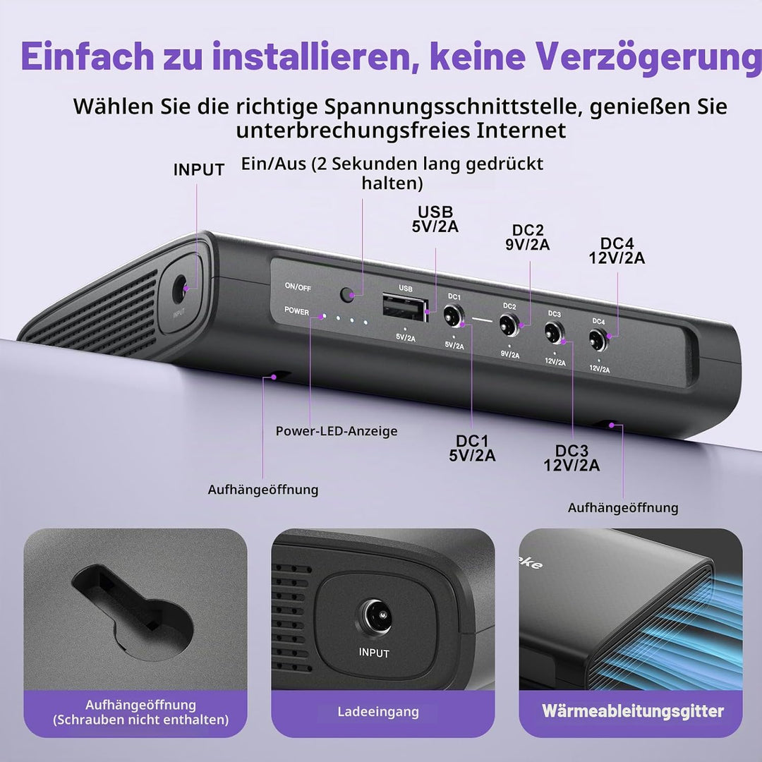 Mini USV,Skazeke 15000mAh Mini UPS mit 5 Ausgängen DC 5V/9V/12V/2A,USB 5V/2A, unterbrechungsfreie WL