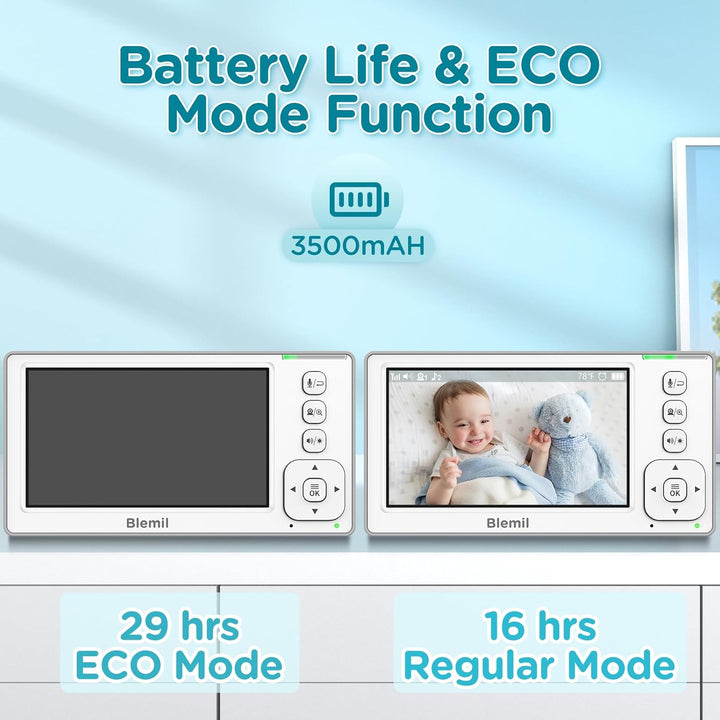 Blemil Aktualisierte Version Babyphone, 4.3'' IPS Split-Screen-Monitor mit 29-Stunden-Akku, Schwenk-