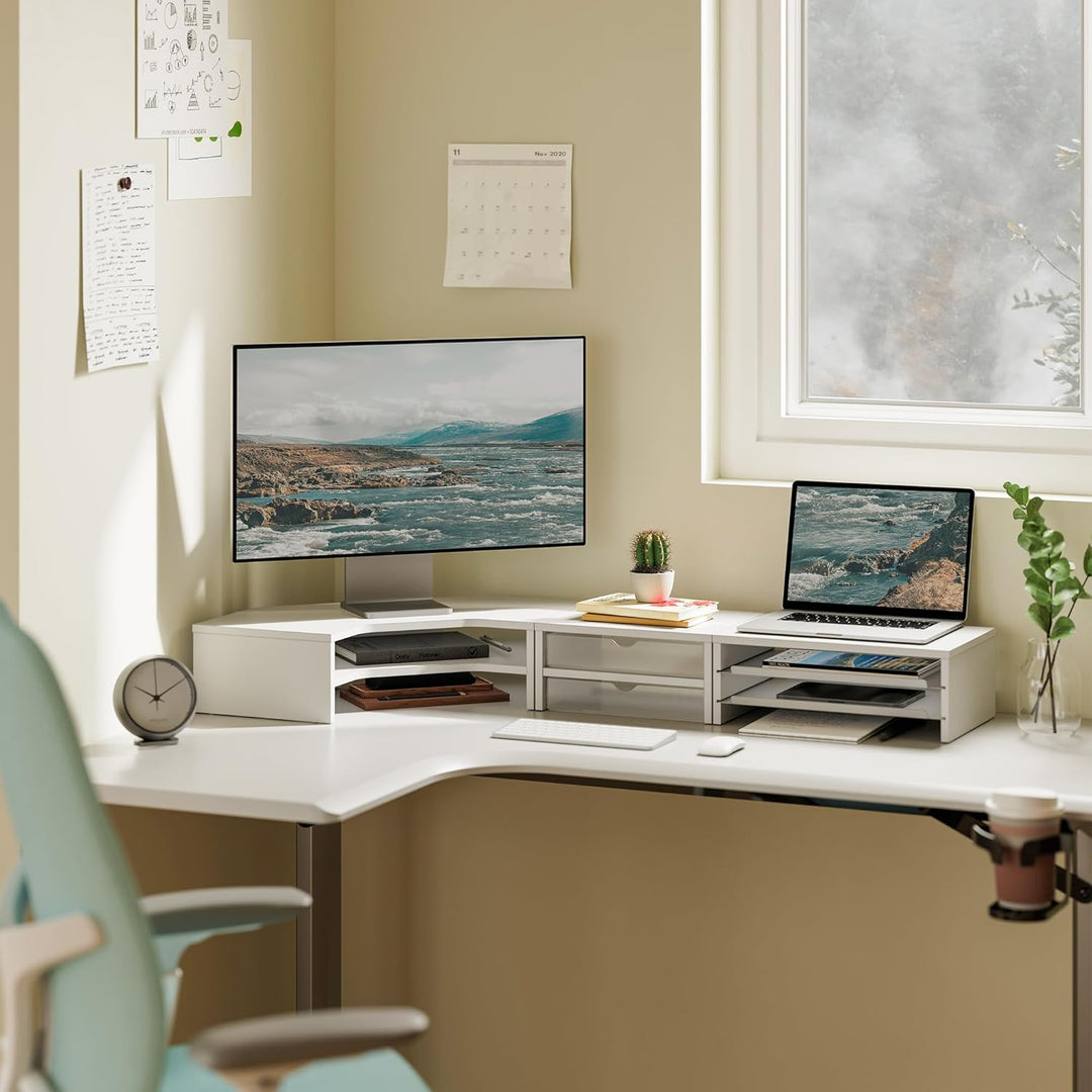 Fenge Monitorständer 3 in 1, Dual Monitor Stand mit Schublade und Ausziehbarem Tablett, L-Förmiger E