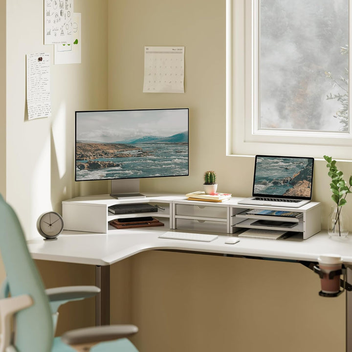 Fenge Monitorständer 3 in 1, Dual Monitor Stand mit Schublade und Ausziehbarem Tablett, L-Förmiger E