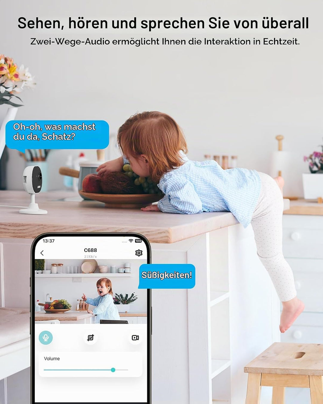 ZOSI 1080P Innen WLAN Überwachungskamera mit Plug-in-Strom, Lokale KI für Person/Bewegungen, Magnetf