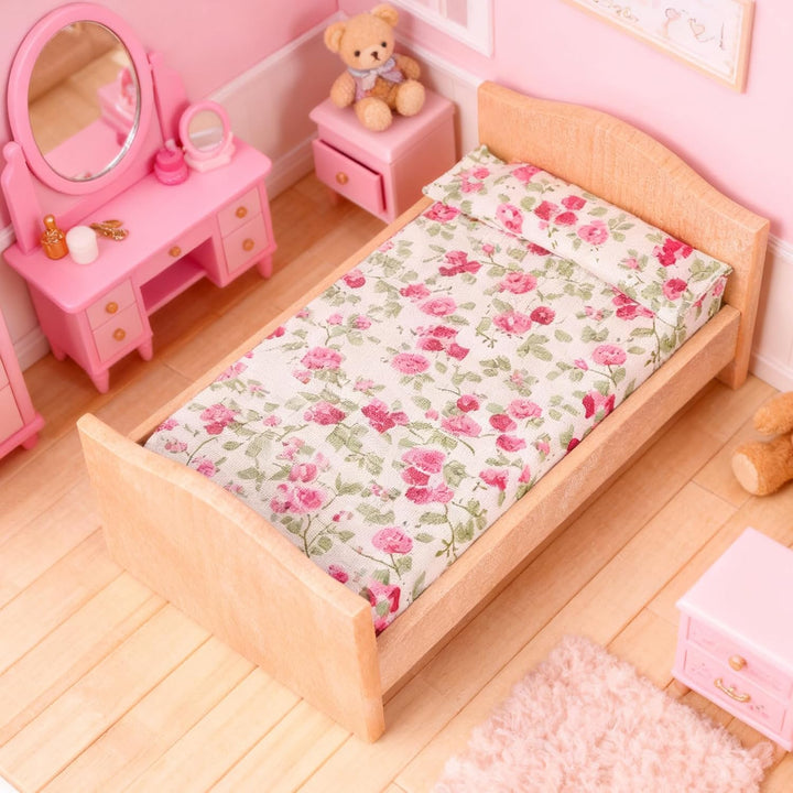 Kisangel 1 Set 1:12 Skala Mini-holzpuppenbett mit Rosenmuster Bettwäsche - Puppenhausmöbel für Puppe