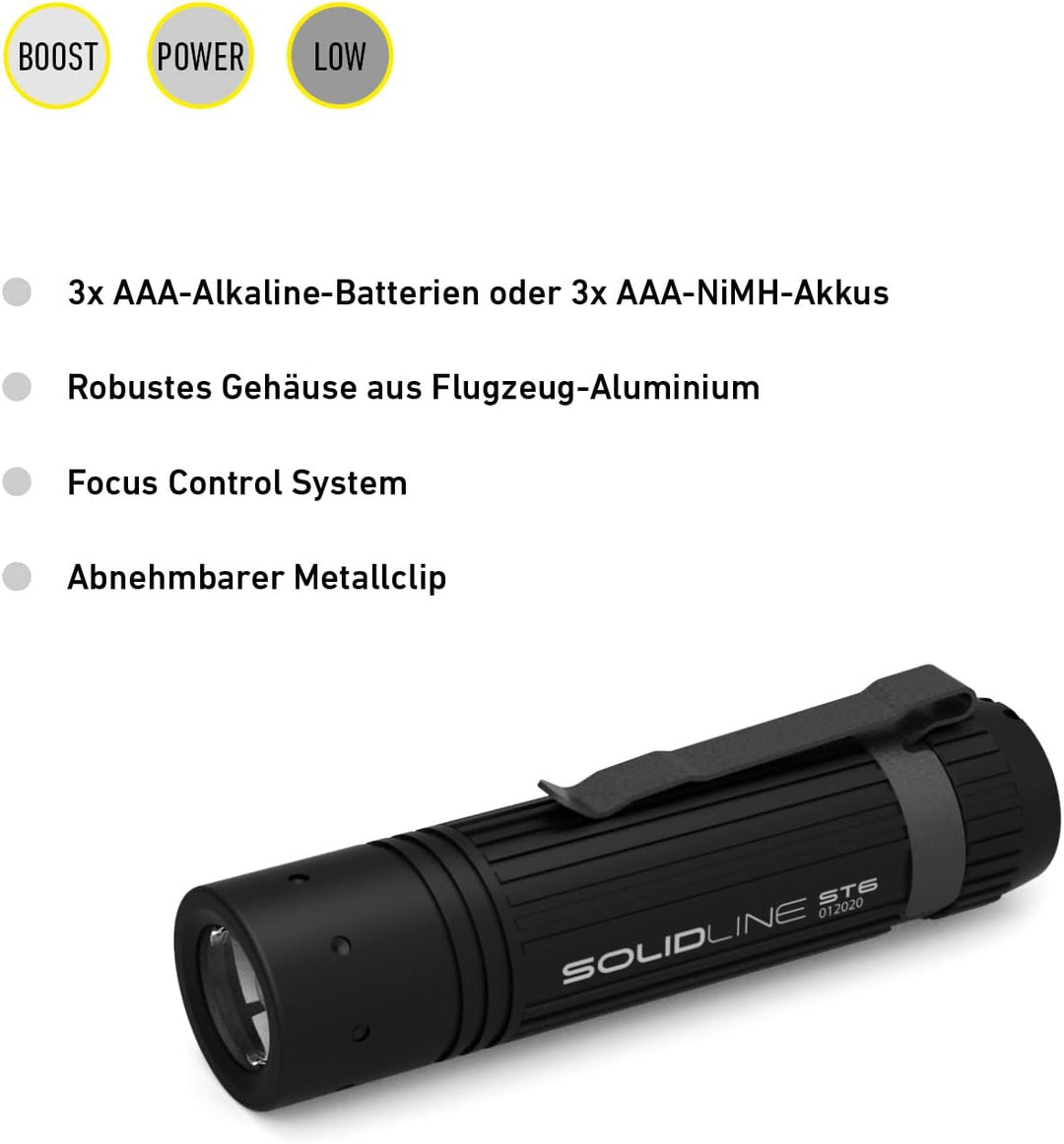 Solidline ST6, super helle LED Taschenlampe, fokussierbar, 320 Lumen, 25h Leuchdauer, 140m Leuchtwei