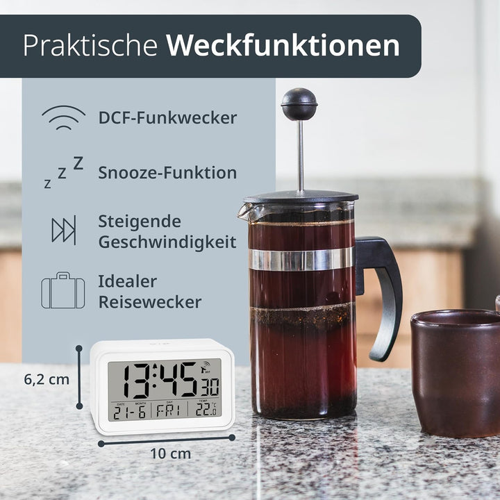 ADE Digitaler Funkwecker mit Licht | Temperaturanzeige und Kalender | kompakter Reisewecker | hübsch