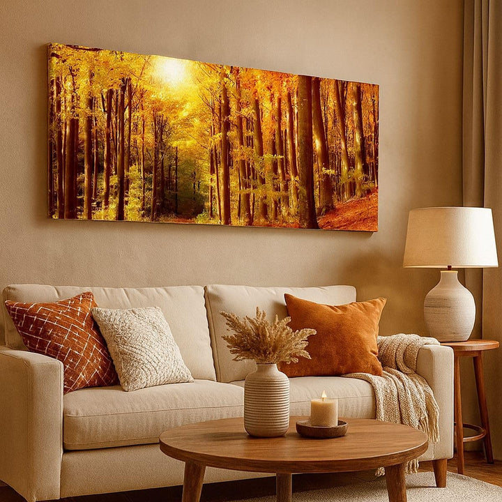 Wandbilder Dekoration Wohnzimmer Pfad Blätter Wald Panorama Bilder auf Leinwand 120x50cm Leinwandbil