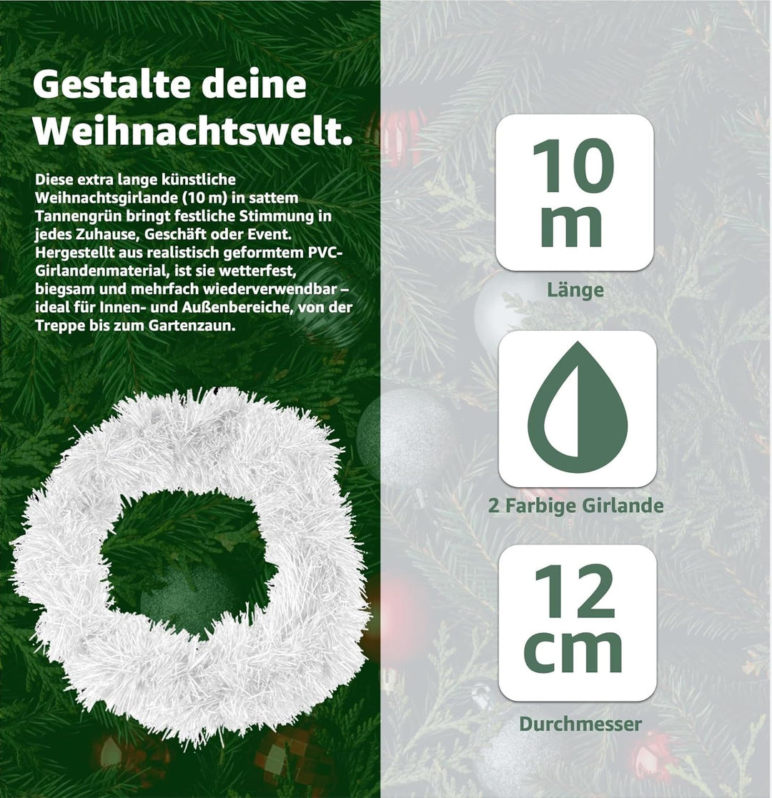 Weihnachtsgirlande 10 Meter - künstliche Dekogirlande Ø 10 cm - Tannen Girlande Weihnachten (5X Weis