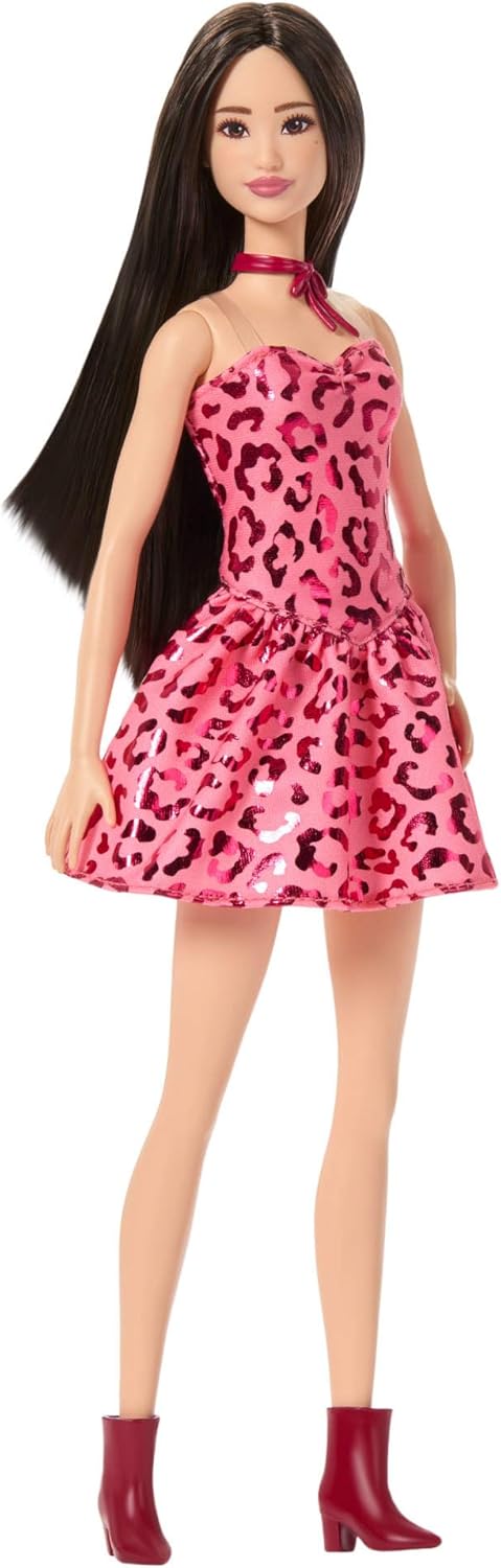 Barbie Fashionistas Puppe Nr. 246 in einem rosa, trägerlosen Kleid mit Leopardenmuster, mit schwarze