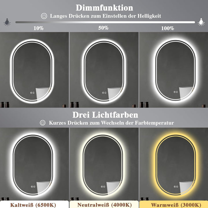 Badspiegel mit Beleuchtung 50x70cm: LED-Badezimmerspiegel Oval Badezimmer Spiegel mit Beschlagfrei,