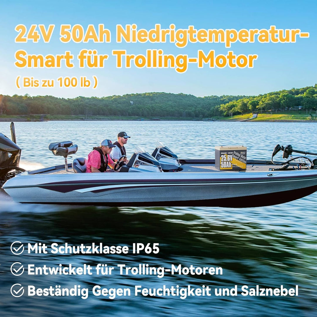 Power Queen 24V 50Ah Bluetooth Niedrigtemperaturschutz LiFePO4 Batterie, Mini Grösse 1280Wh Energie,