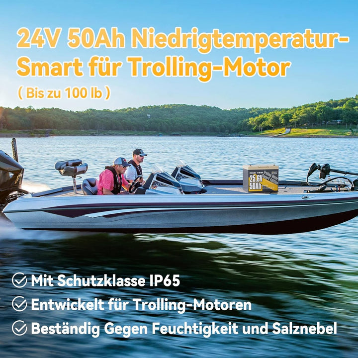 Power Queen 24V 50Ah Bluetooth Niedrigtemperaturschutz LiFePO4 Batterie, Mini Grösse 1280Wh Energie,