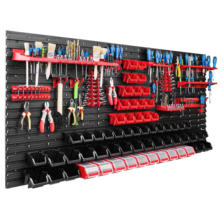 Lagersystem Werkstattregal | 172 x 78 cm | 62 stck. Box | Wandregal mit Werkzeughalterungen und Stap