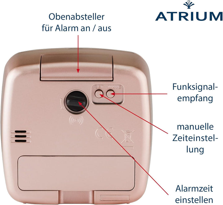 Atrium Funkwecker Analog Quarz ohne Ticken grosse Zahlen sehr deutlich mit Licht und Snooze rosé A61