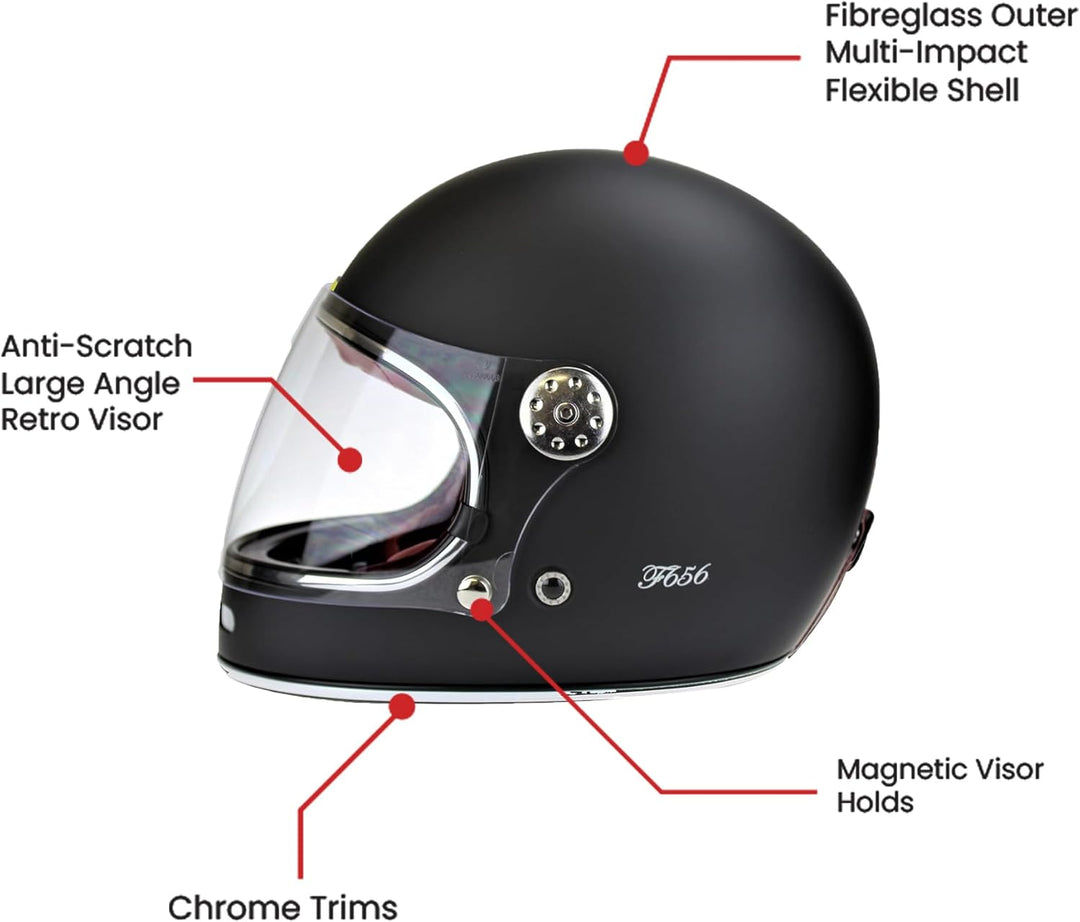 F656 Vintage Retro Full Face Motorcycle Helmets - Fibreglass Motorbike Helmets ECE Approved Crash He