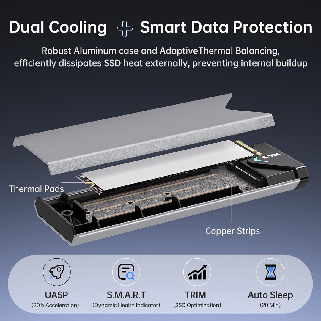 SSK Aluminium M.2 NVME SATA SSD Gehäuseadapter, USB 3.2 Gen 2 (10 Gbit/s) auf PCI-E NGFF M-Key/(B+M)