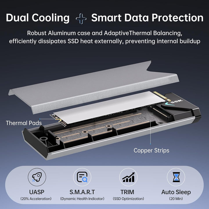 SSK Aluminium M.2 NVME SATA SSD Gehäuseadapter, USB 3.2 Gen 2 (10 Gbit/s) auf PCI-E NGFF M-Key/(B+M)