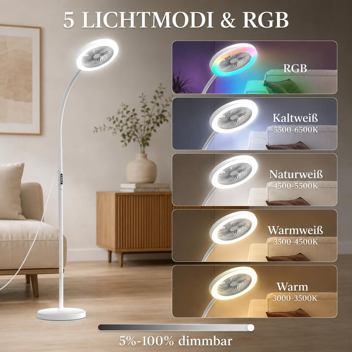 Standventilator mit Licht 183cm, Leise Ventilator Stehlampe mit RGB Farbwechsel & CCT, 360° Schwanen