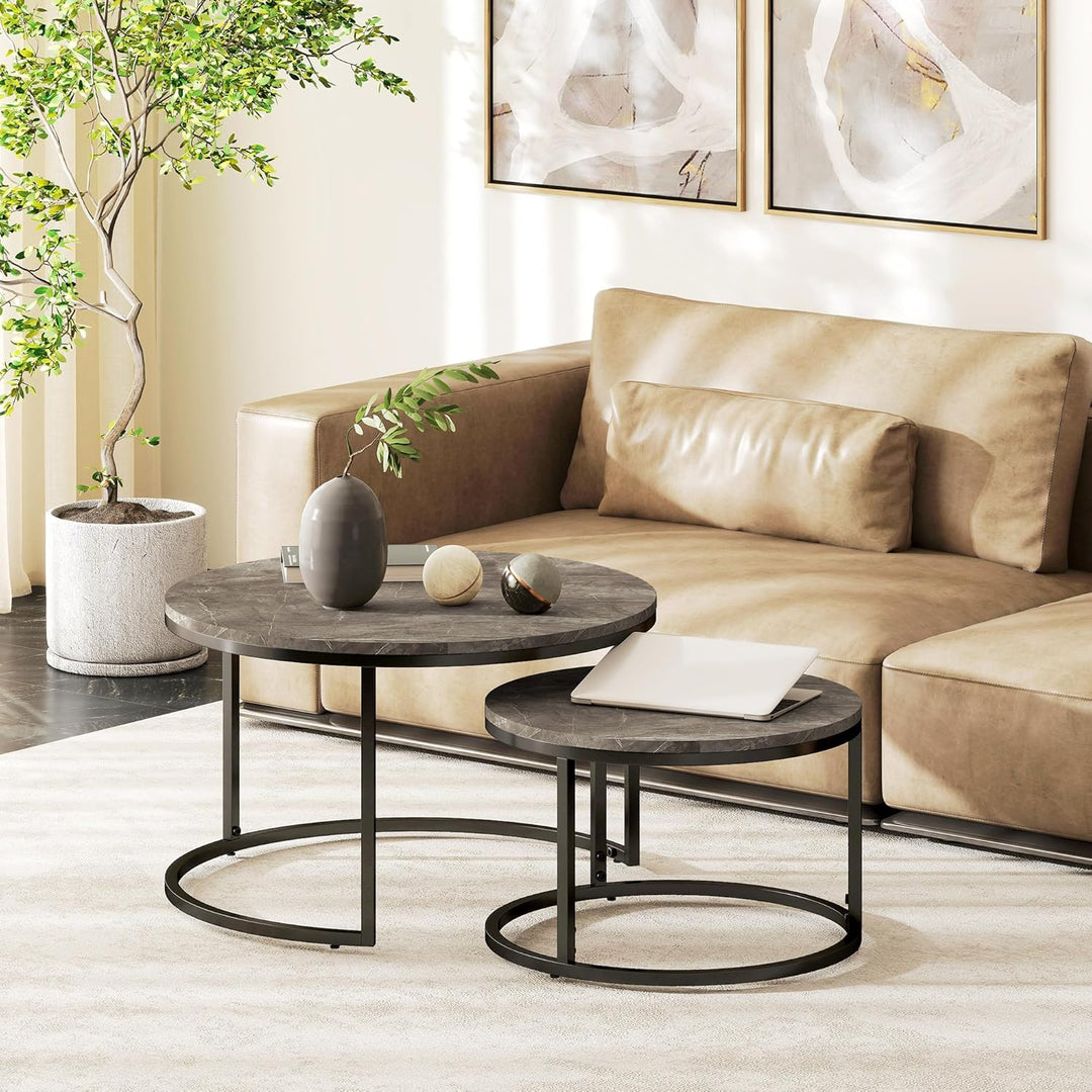 HOMCOM Couchtisch rund 2er Set Wohnzimmertisch Beistelltisch mit Metallrahmen, Satztisch mit Marmoro