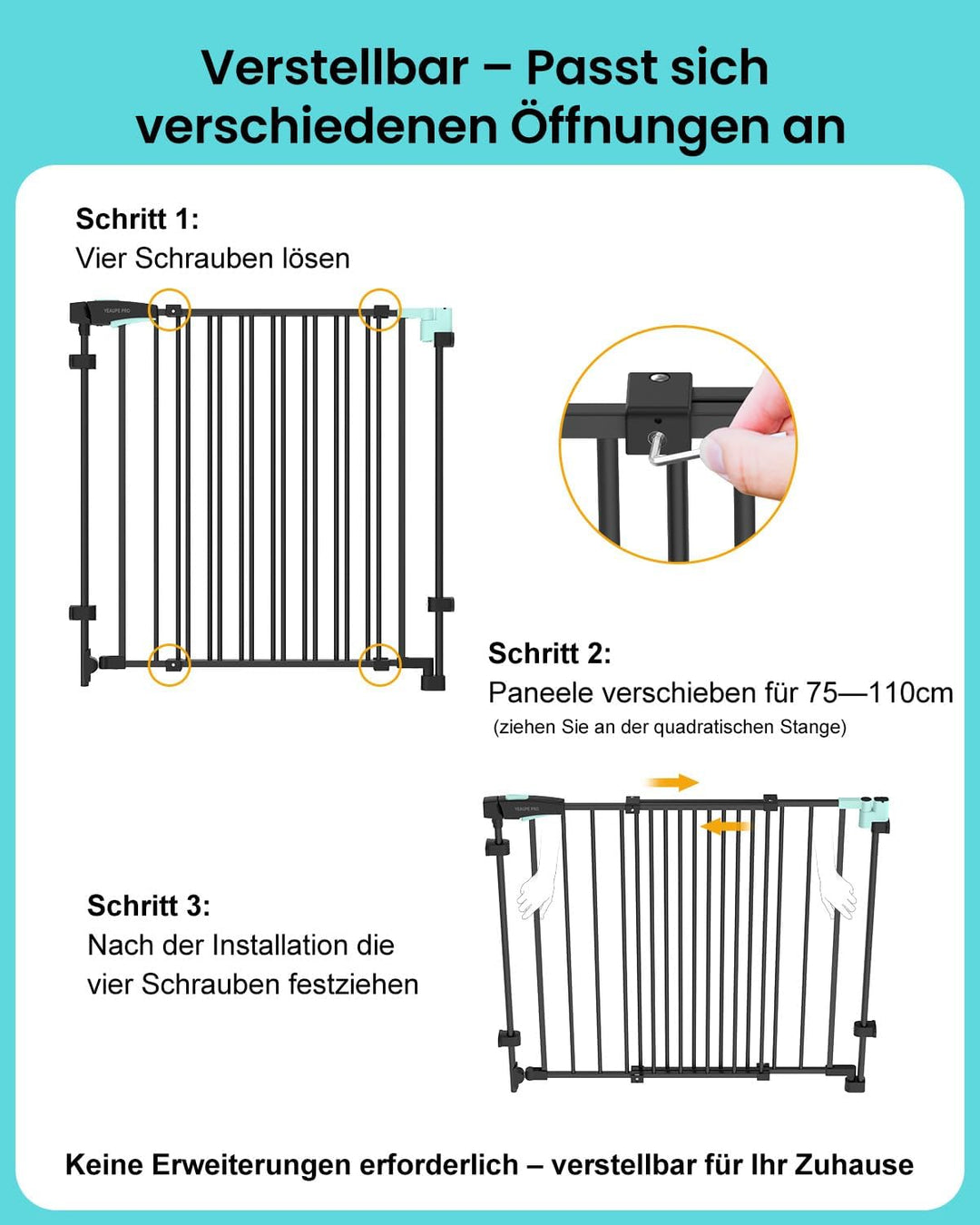 YEAUPE PRO Treppenschutzgitter Zum Bohren, für Breiten 75-110 cm | Türschutzgitter, Kinderschutzgitt