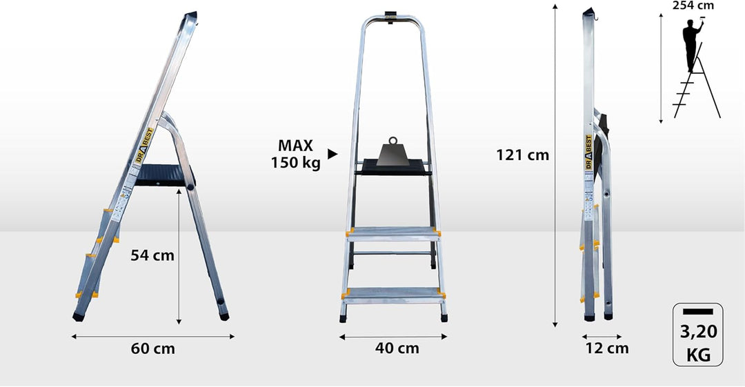 Drabest - PRO Haushaltsleiter - Stehleiter - 3 Stufen - Arbeitshöhe 2,54m - Klappleiter aus Aluminiu